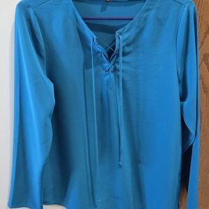 The Limited Teal Lace-Up V-Neck Long Sleeve Blouse